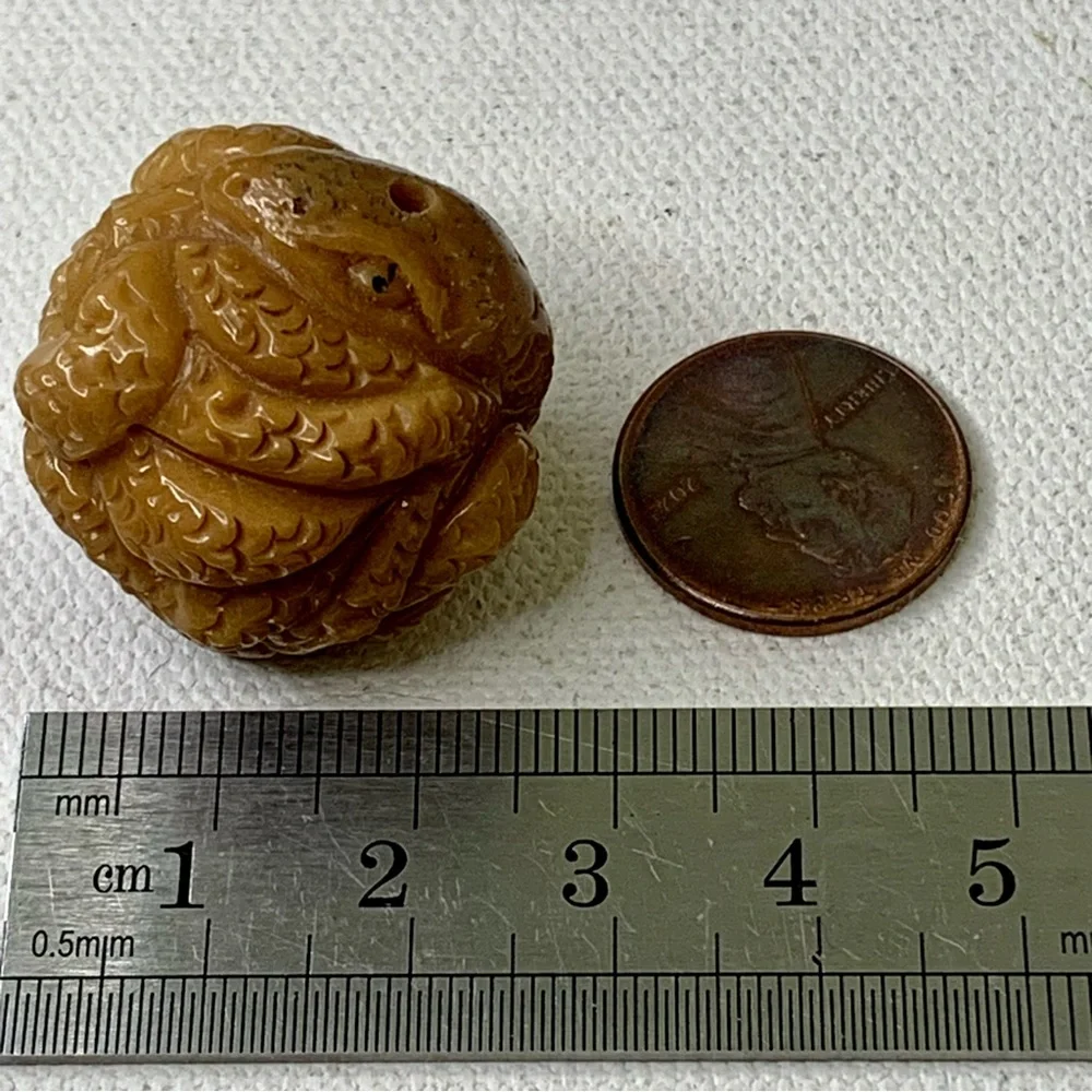 Vintage NETSUKE Carved Tagua Nut Snake Reptile Carving Bead Figurine Japanese